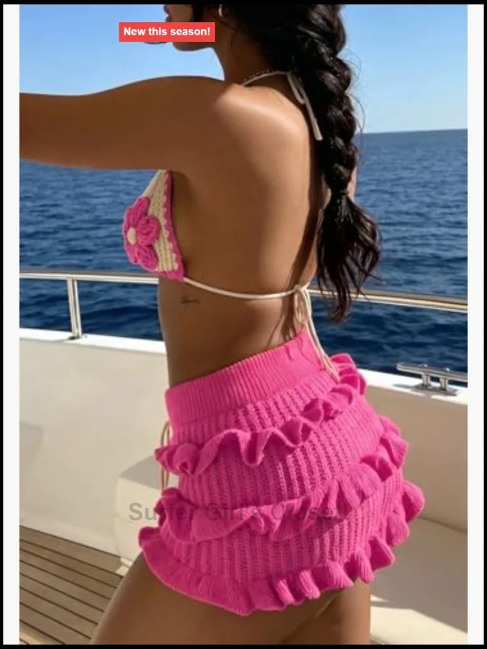 Crochet Bikini Set Floral Bra Top Drawstring Ruffle Shorts Beach Swimwear
